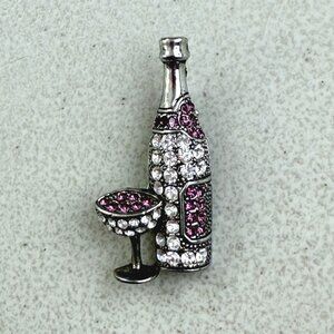 Vintage Wine Bottle & Glass Brooch 90s Crystal Rhinestone Silver Tone Metal Pin